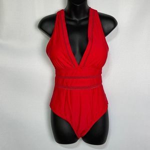 Tempt Me Red  Low Cut V One Piece Swim Suit Ladder Stretch Inserts Size …